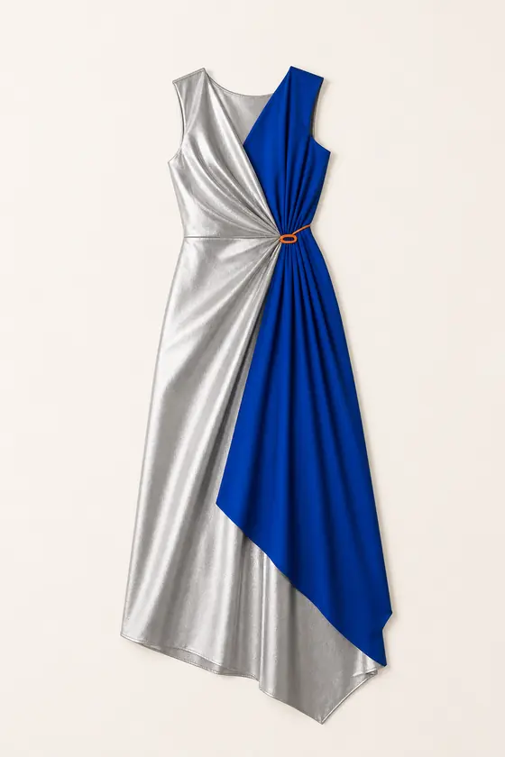 Um vestido prateado e azul-cobalto fotografado sozinho sobre um fundo liso